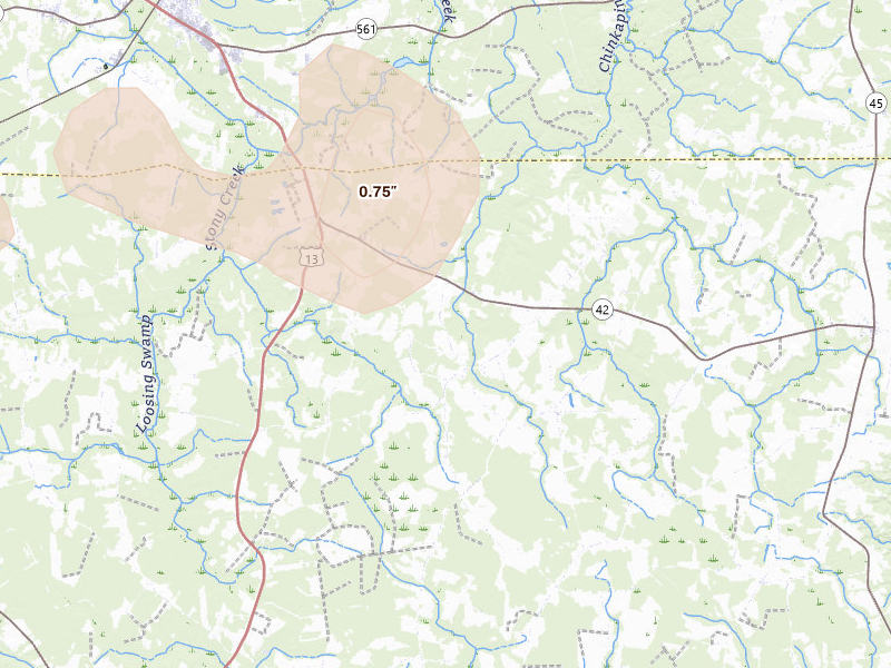 Radar-estimated hail-size map of the storm over Powellsville, NC on Jun 12, 2026