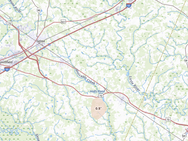 Radar-estimated hail-size map of the storm over Princeton, NC on Jun 26, 2026