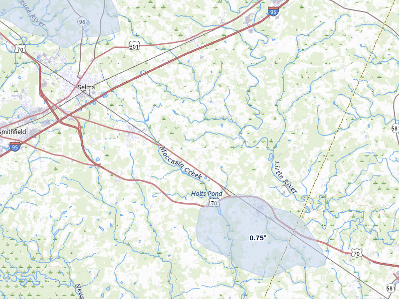 NEXRAD radar-signature map of the hail storm over Princeton, NC on Jul 28, 2026