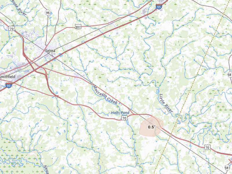 Radar-estimated hail-size map of the storm over Princeton, NC on Aug 3, 2026