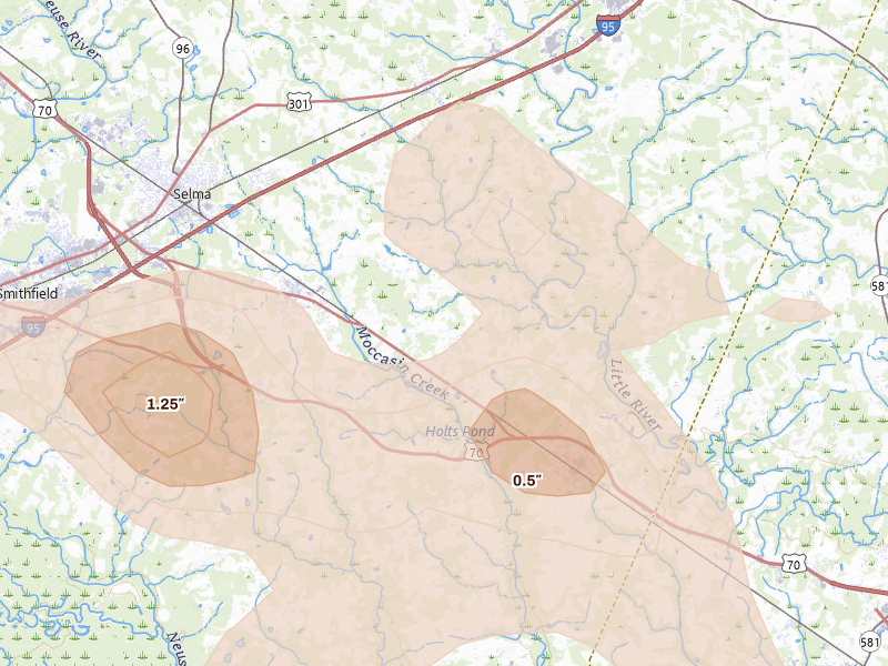 Radar-estimated hail-size map of the storm over Princeton, NC on Aug 11, 2026