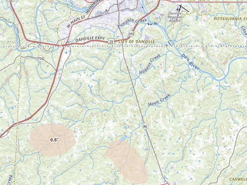 Radar-estimated hail-size map of the storm over Providence, NC on Jul 28, 2026