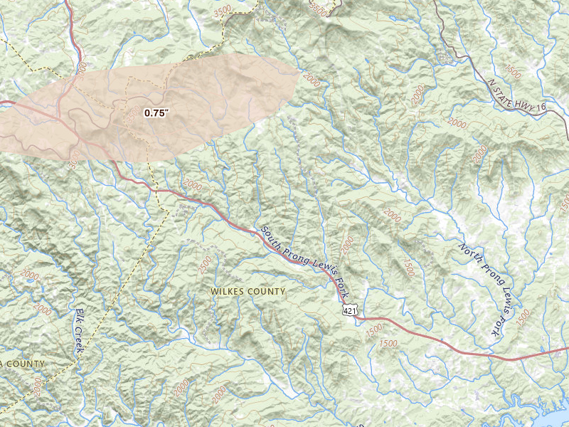 Radar-estimated hail-size map of the storm over Purlear, NC on Apr 1, 2026