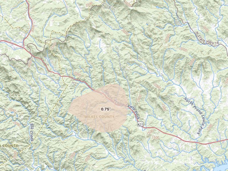Radar-estimated hail-size map of the storm over Purlear, NC on Jul 5, 2026