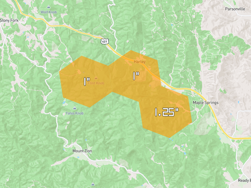 Hail map of Purlear, NC on Jul 5, 2026, hail up to 1.25"