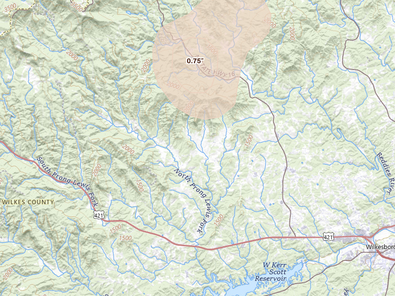 Radar-estimated hail-size map of the storm over Purlear, NC