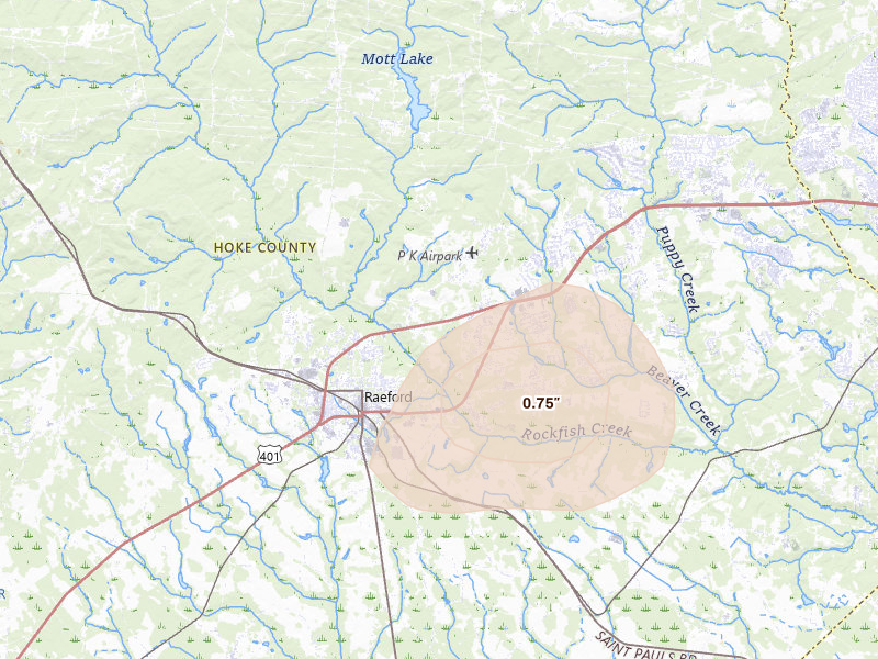 Radar-estimated hail-size map of the storm over Raeford, NC on Jun 11, 2026