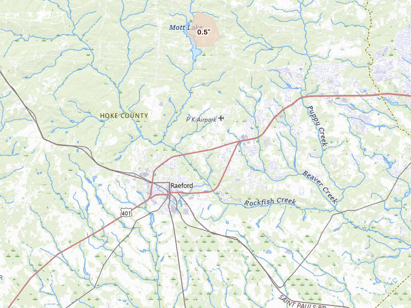 Radar-estimated hail-size map of the storm over Raeford, NC on Jul 19, 2026