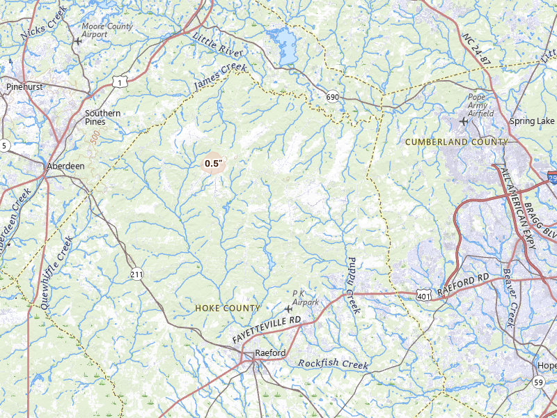 Radar-estimated hail-size map of the storm over Raeford, NC on Jul 28, 2026