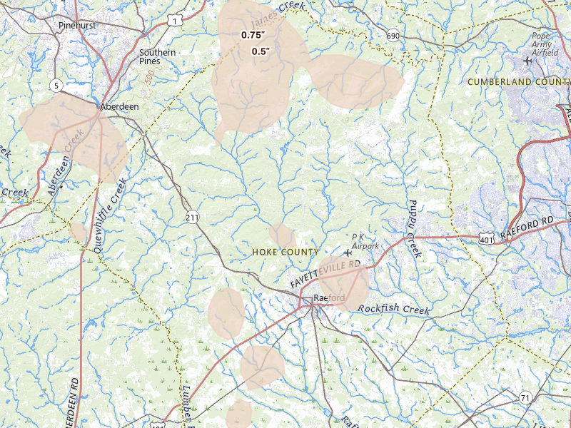 Radar-estimated hail-size map of the storm over Raeford, NC on Aug 11, 2026