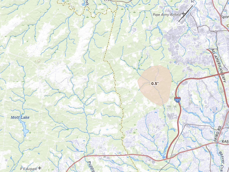 Radar-estimated hail-size map of the storm over Raeford, NC on Aug 16, 2026