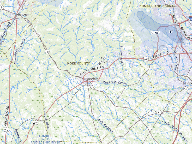 NEXRAD radar-signature map of the hail storm over Raeford, NC on Aug 16, 2026
