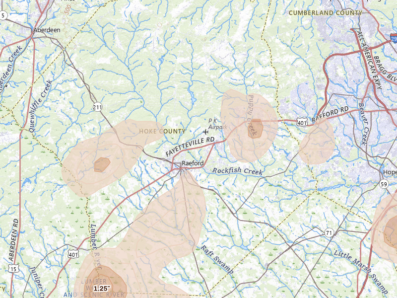 Radar-estimated hail-size map of the storm over Raeford, NC on Aug 21, 2026