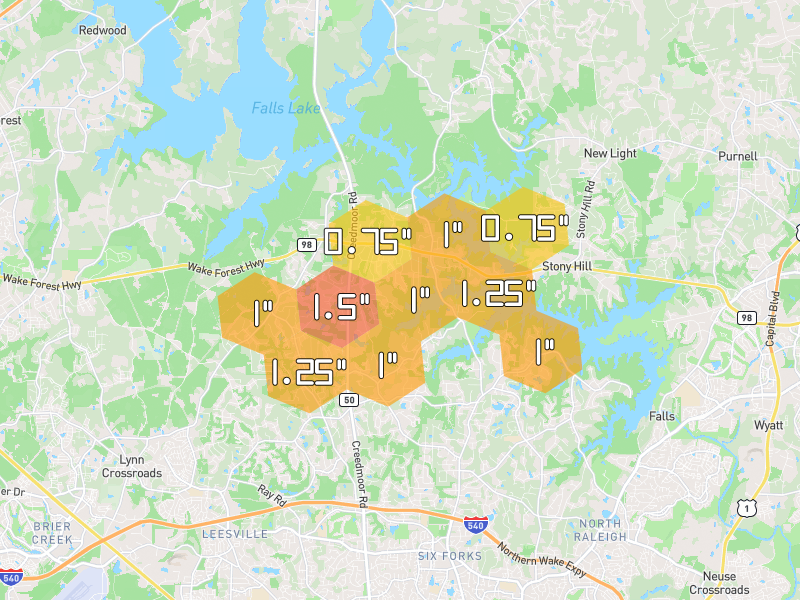 Hail map of Raleigh, NC on Jun 27, 2026, hail up to 1.5"