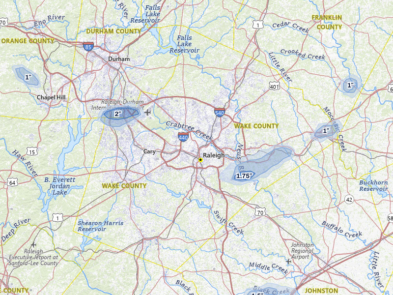 NEXRAD radar-signature map of the hail storm over Raleigh, NC on Jul 6, 2026