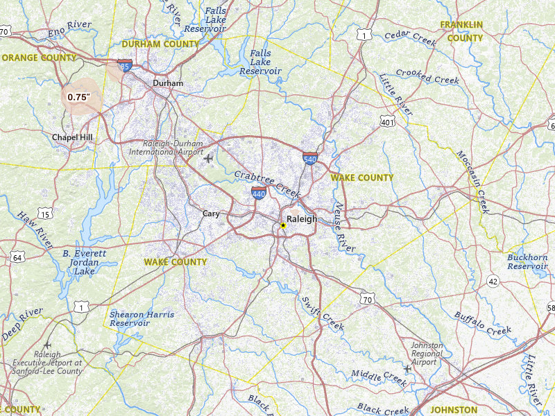 Radar-estimated hail-size map of the storm over Raleigh, NC on Jul 7, 2026