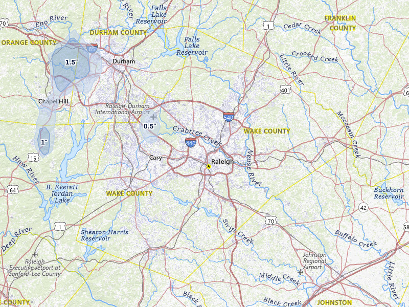 NEXRAD radar-signature map of the hail storm over Raleigh, NC on Jul 7, 2026