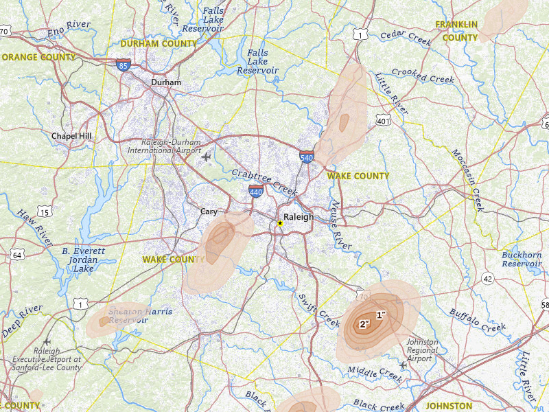Radar-estimated hail-size map of the storm over Raleigh, NC on Jul 8, 2026