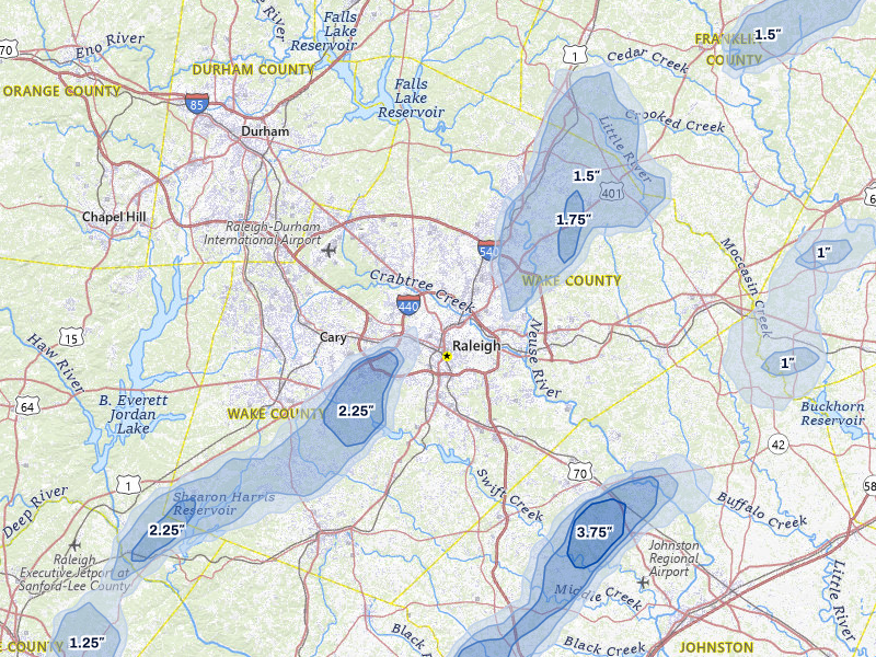 NEXRAD radar-signature map of the hail storm over Raleigh, NC on Jul 8, 2026