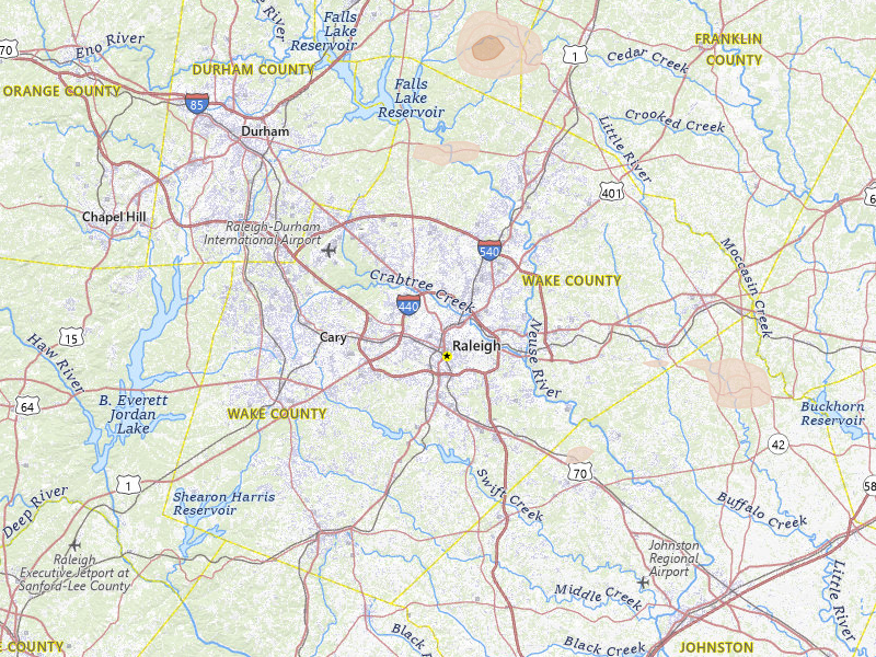 Radar-estimated hail-size map of the storm over Raleigh, NC on Jul 19, 2026