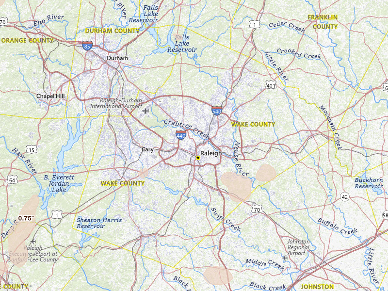 Radar-estimated hail-size map of the storm over Raleigh, NC on Jul 20, 2026