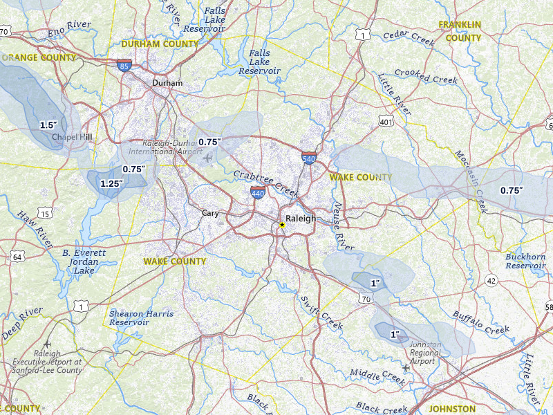 NEXRAD radar-signature map of the hail storm over Raleigh, NC on Jul 28, 2026