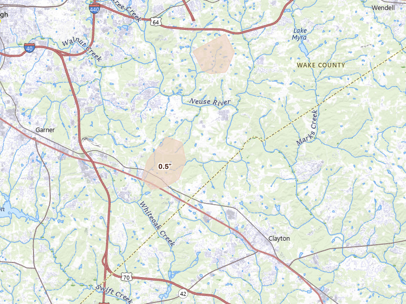 Radar-estimated hail-size map of the storm over Raleigh, NC on Aug 20, 2026