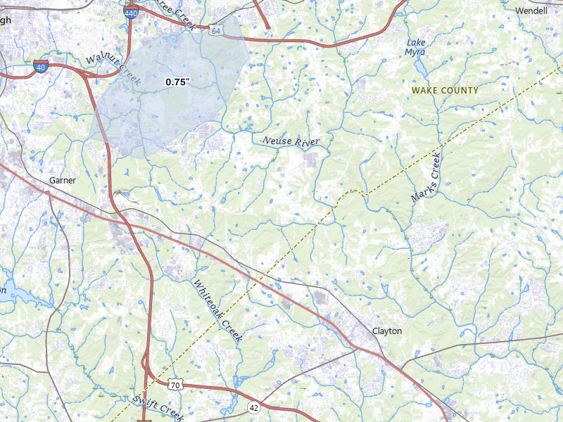 NEXRAD radar-signature map of the hail storm over Raleigh, NC on Aug 20, 2026