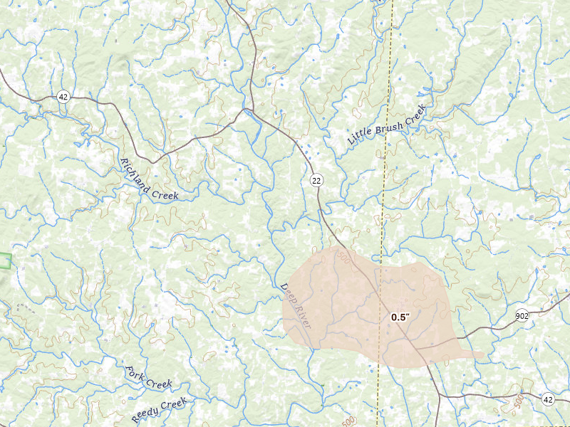 Radar-estimated hail-size map of the storm over Ramseur, NC on May 27, 2026