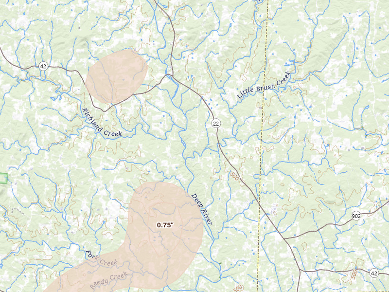 Radar-estimated hail-size map of the storm over Ramseur, NC on Aug 28, 2026