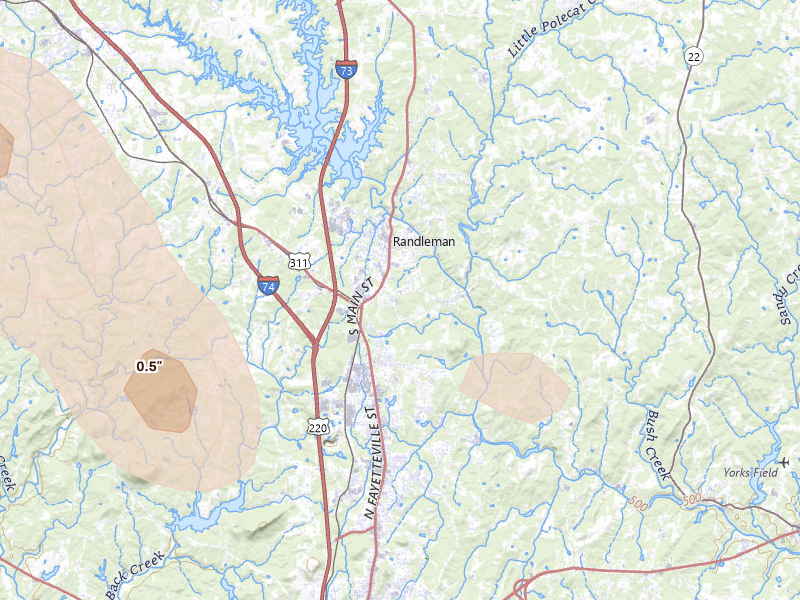 Radar-estimated hail-size map of the storm over Randleman, NC on Sep 5, 2026