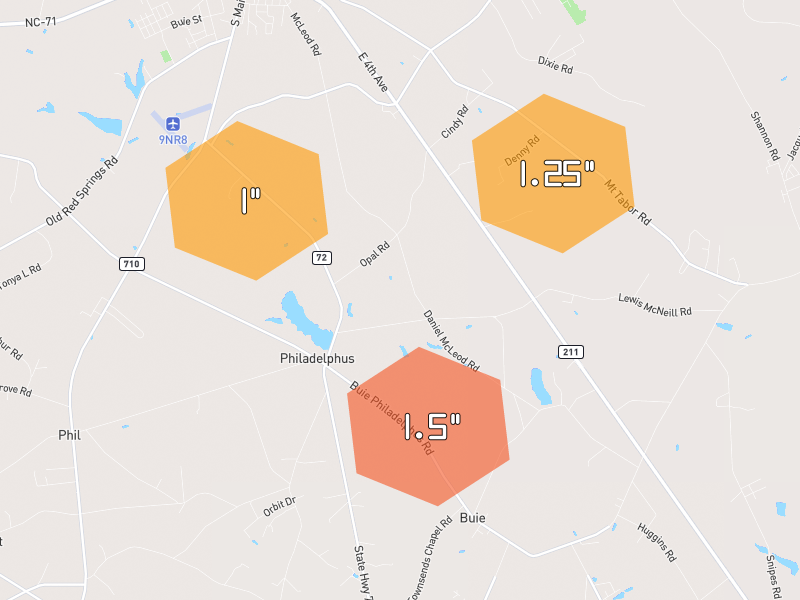 Hail map of Red Springs, NC on Jul 6, 2026, hail up to 1.5"