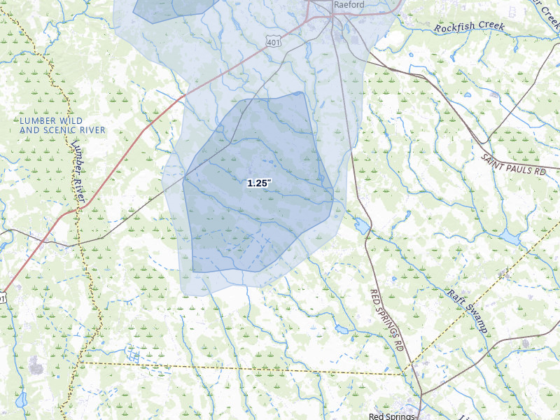 NEXRAD radar-signature map of the hail storm over Red Springs, NC on Aug 11, 2026
