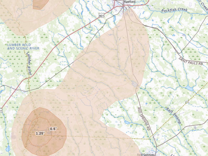 Radar-estimated hail-size map of the storm over Red Springs, NC on Aug 21, 2026