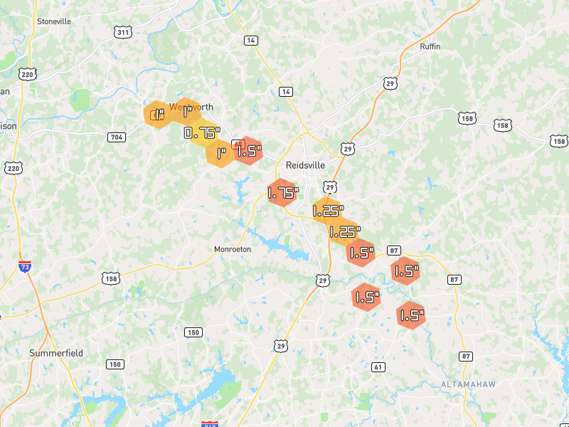 Hail map of Reidsville, NC on Jul 28, 2026, hail up to 1.75"