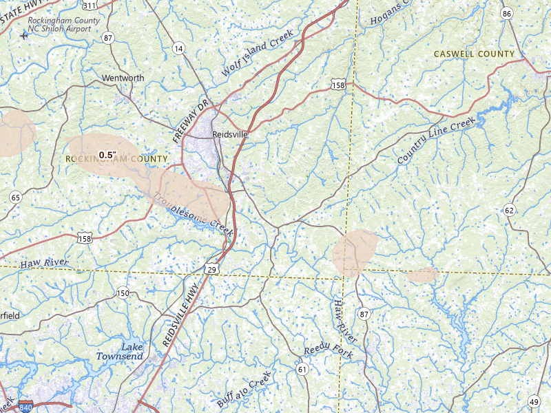 Radar-estimated hail-size map of the storm over Reidsville, NC on Aug 22, 2026