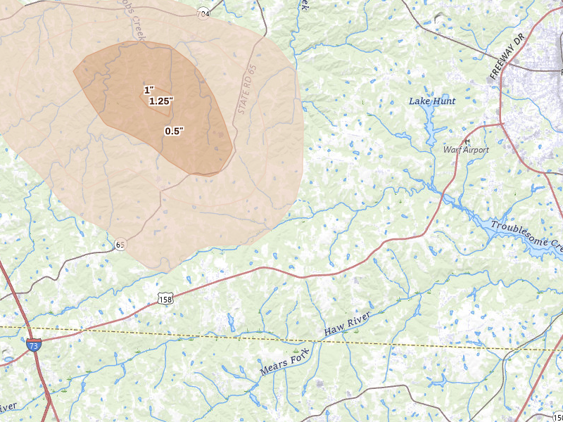 Radar-estimated hail-size map of the storm over Reidsville, NC on Sep 5, 2026