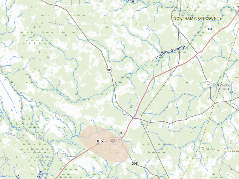 Radar-estimated hail-size map of the storm over Rich Square, NC on Jul 8, 2026