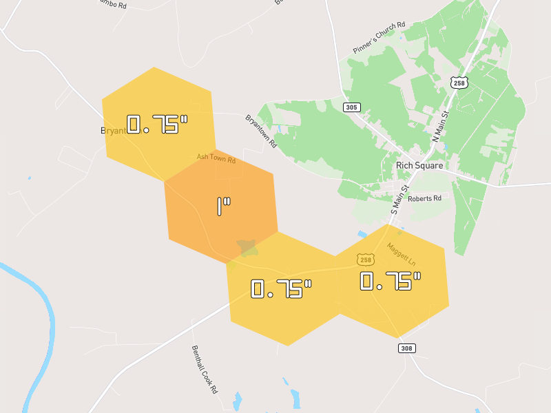 Hail map of Rich Square, NC on Jul 8, 2026, hail up to 1"