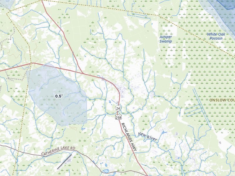NEXRAD radar-signature map of the hail storm over Richlands, NC on Jul 8, 2026