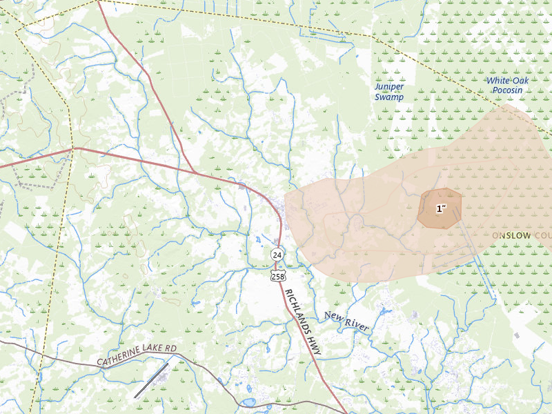 Radar-estimated hail-size map of the storm over Richlands, NC on Jul 10, 2026