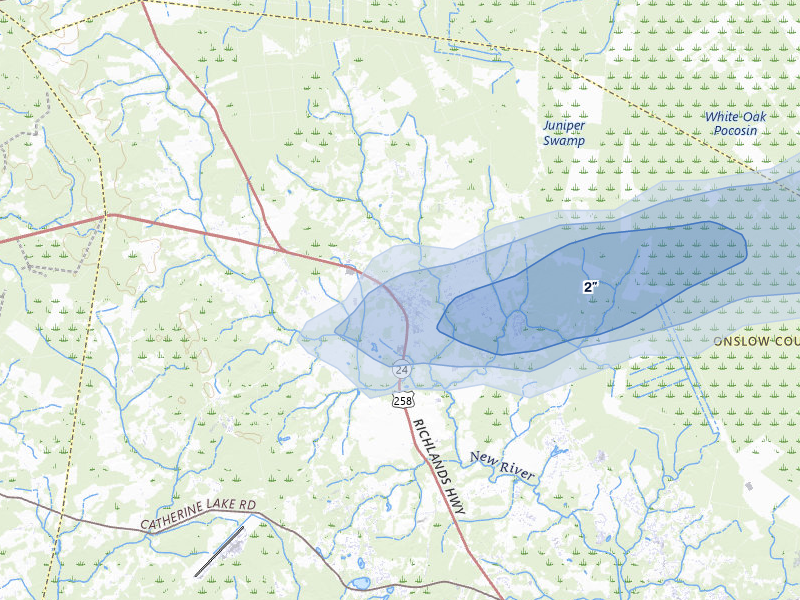 NEXRAD radar-signature map of the hail storm over Richlands, NC on Jul 10, 2026