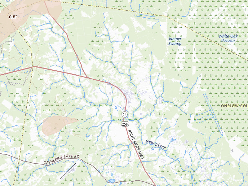 Radar-estimated hail-size map of the storm over Richlands, NC on Jul 19, 2026
