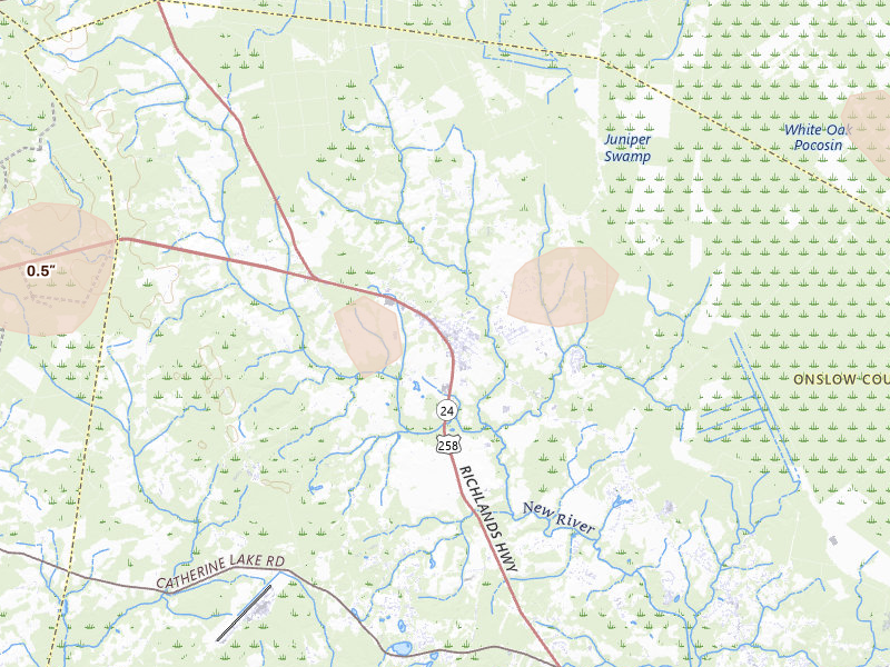 Radar-estimated hail-size map of the storm over Richlands, NC on Jul 20, 2026