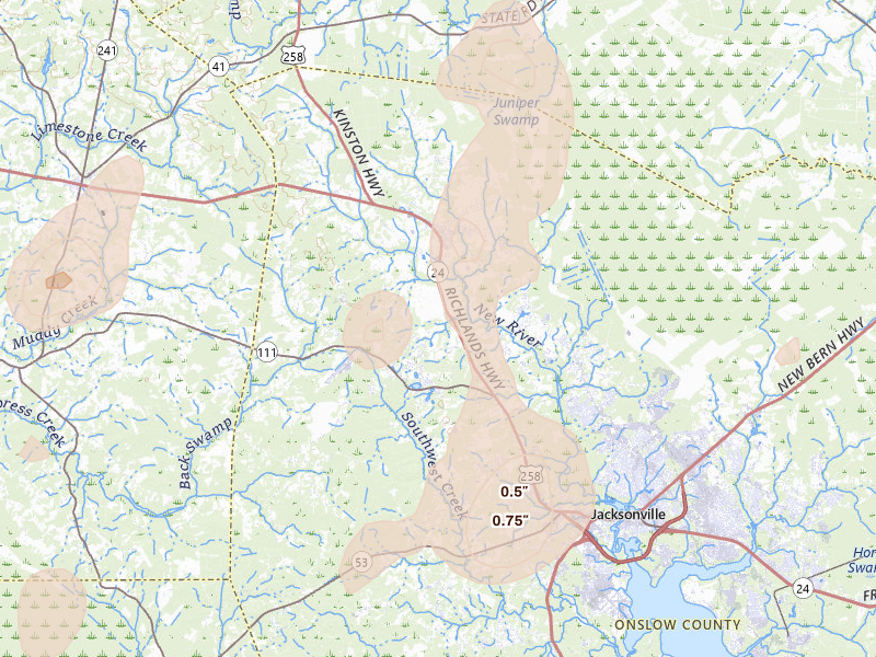Radar-estimated hail-size map of the storm over Richlands, NC on Aug 21, 2026