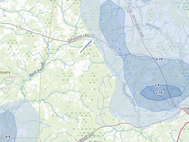 NEXRAD radar-signature map of the hail storm over Richlands, NC on Aug 21, 2026