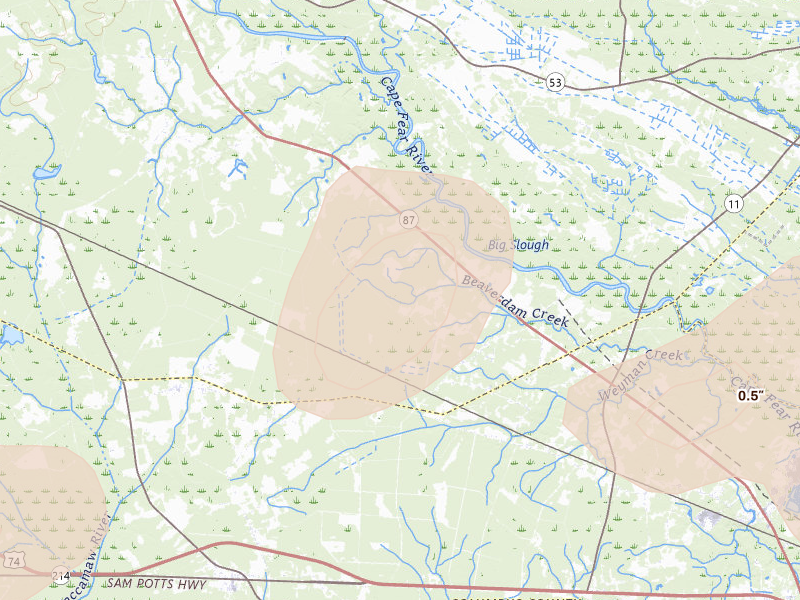 Radar-estimated hail-size map of the storm over Riegelwood, NC on Aug 21, 2026