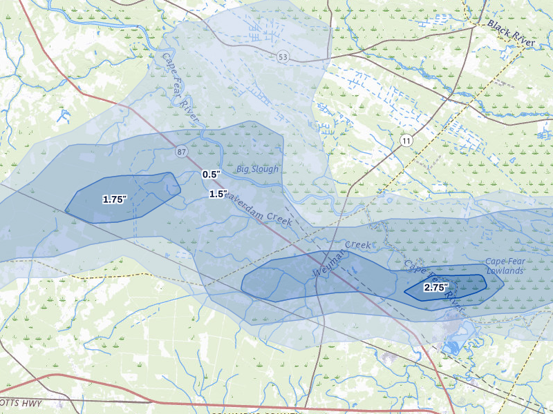 NEXRAD radar-signature map of the hail storm over Riegelwood, NC on Aug 21, 2026