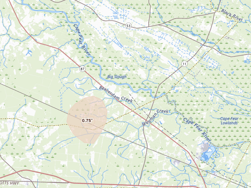 Radar-estimated hail-size map of the storm over Riegelwood, NC