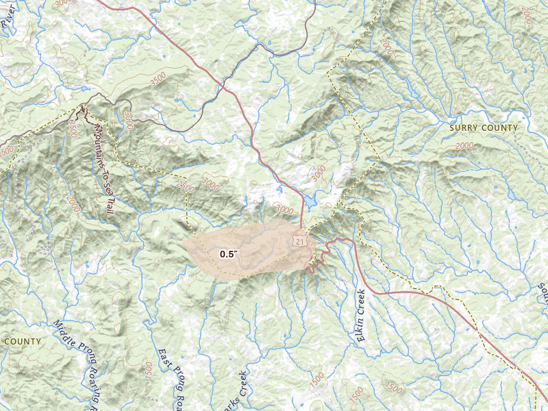 Radar-estimated hail-size map of the storm over Roaring Gap, NC on Jun 10, 2026
